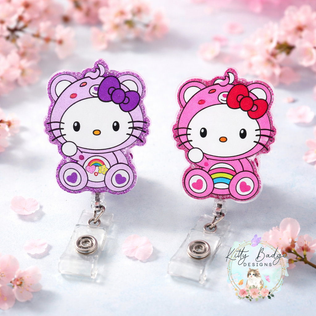 Rainbow Kitty Glitter Badge Reel – Pink & Purple Retractable ID Holder