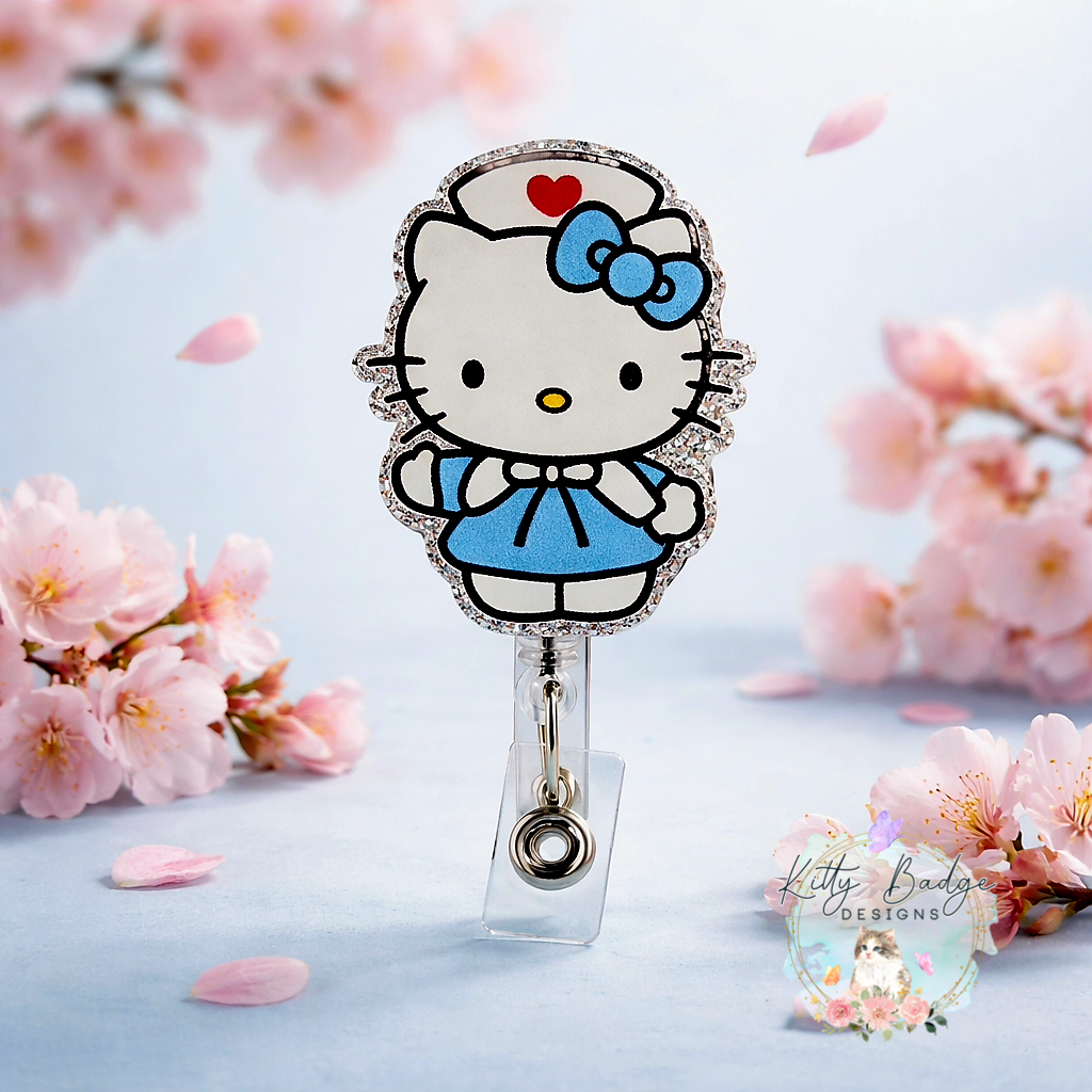 Adorable Blue Nurse Kitty Badge Reel for Healthcare Workers