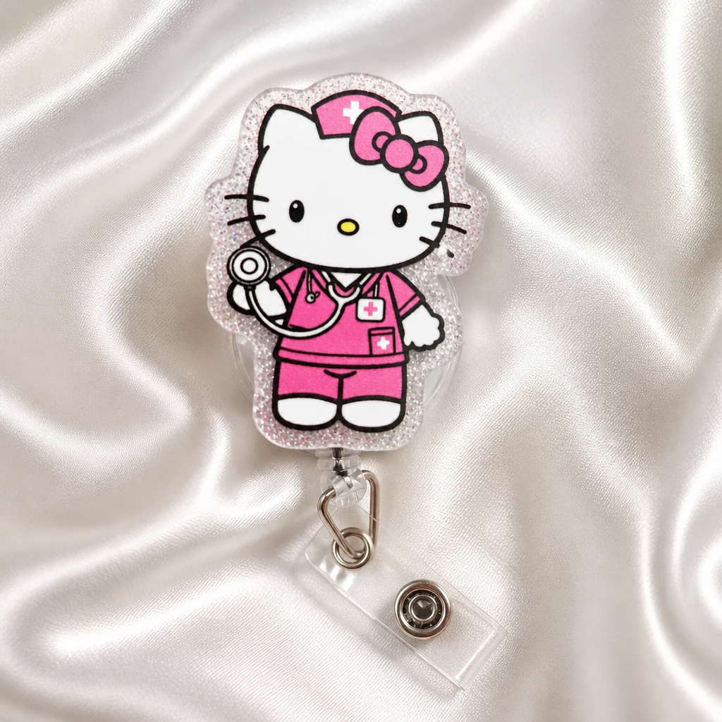 Pink Nurse Kitty Badge Reel | Glitter Nurse Badge Holder | Cute Medical Badge Reel
