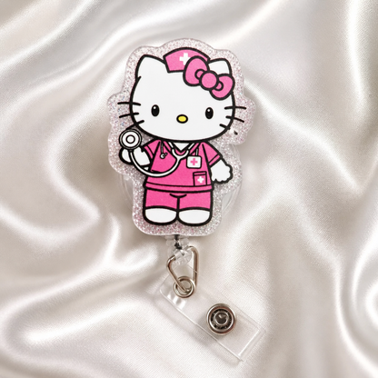 Pink Nurse Kitty Badge Reel | Glitter Nurse Badge Holder | Cute Medical Badge Reel