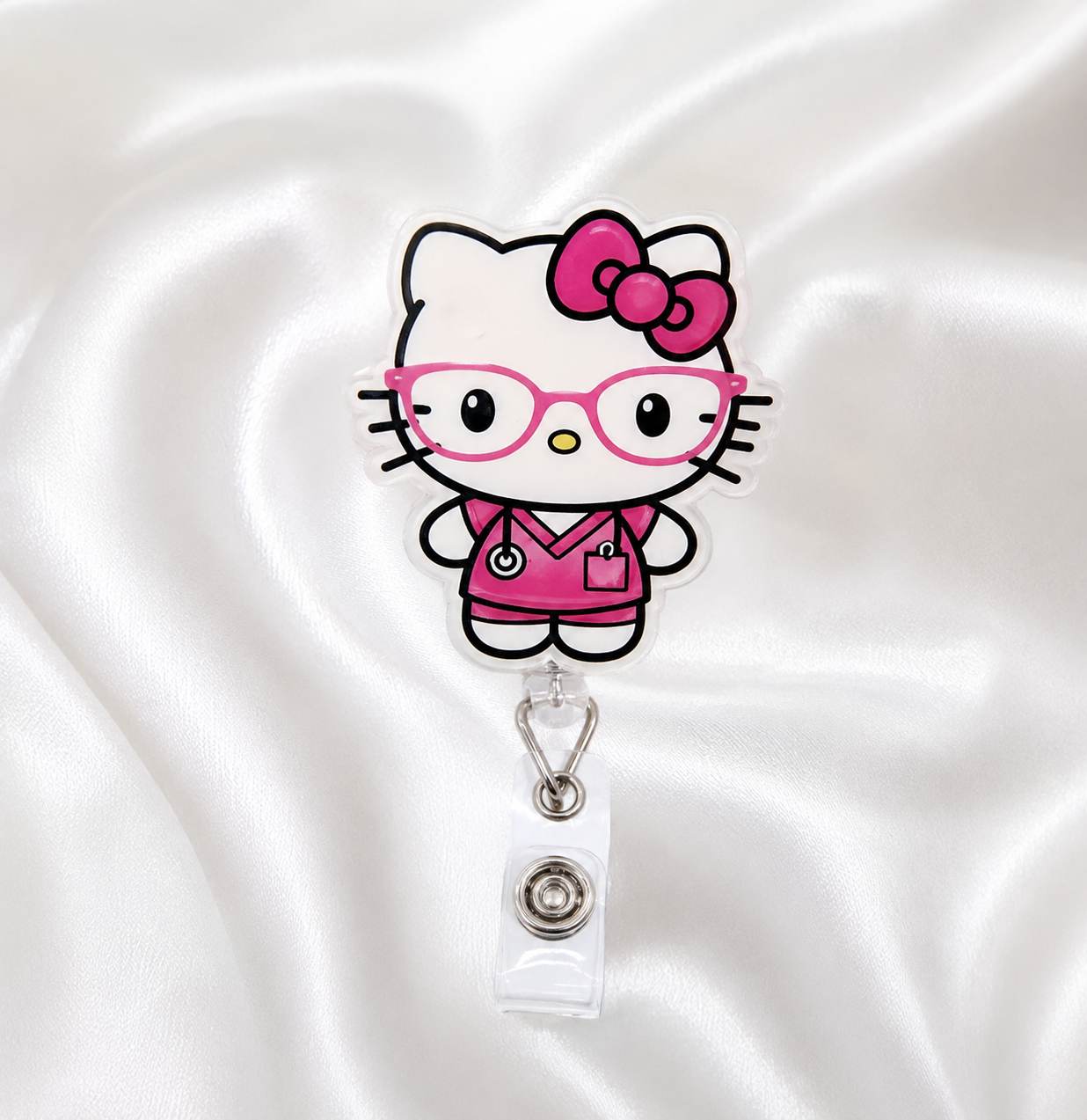 Pink Glasses Nurse Badge Reel | Cute Medical Badge Holder | Kawaii Healthcare Accessory