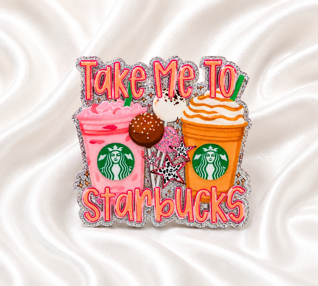 Take Me To StaBs Glitter Badge Reel – Cute Coffee Lover ID Holder☕✨