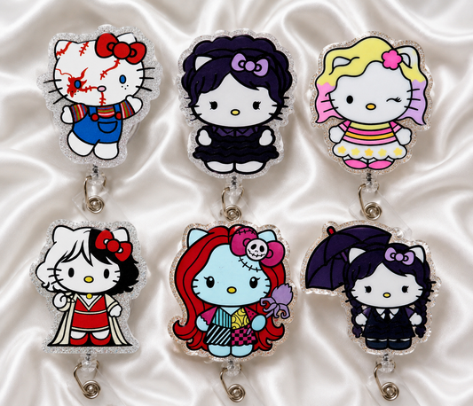 Spooky Inspired Glitter Acrylic Badge Reel | Horror Kitty Nurse Badge Holder | Goth Cartoon Retractable ID Reel