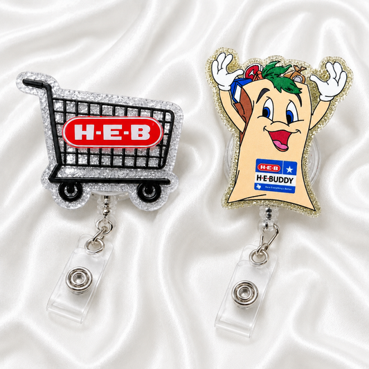 H Inspired Badge Reel – Grocery Cart & Shopping Bag Acrylic Badge Reel Duo