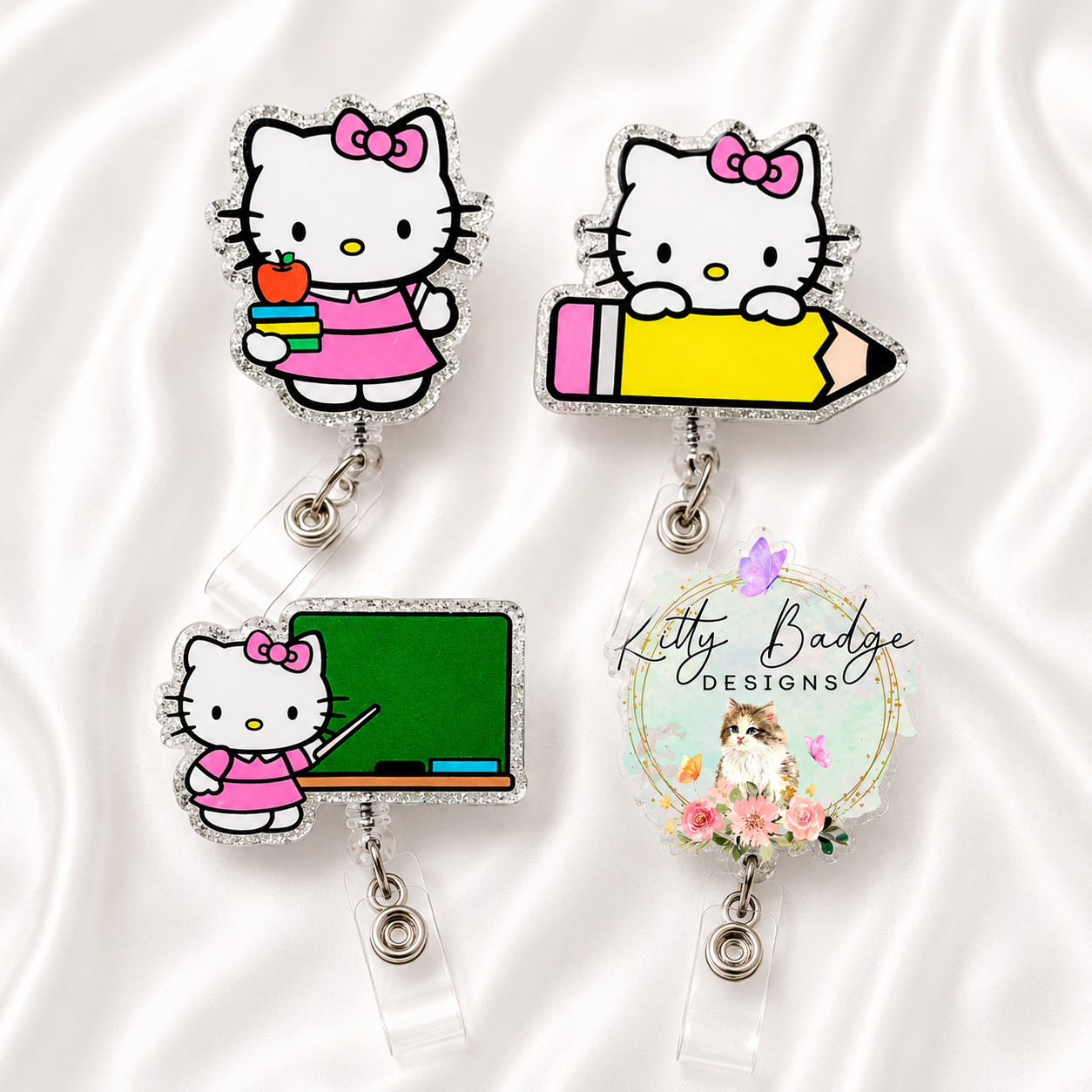 Teacher Kitty Badge Reel – Glitter School-Themed Retractable ID Holder