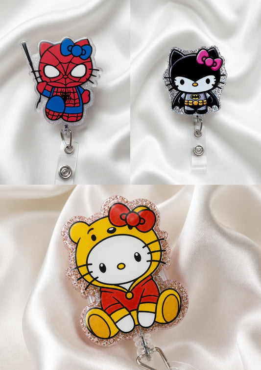Superhero, Honey Bear and Spider Kitty Acrylic Badge Reel | Glitter Retractable ID Holder |