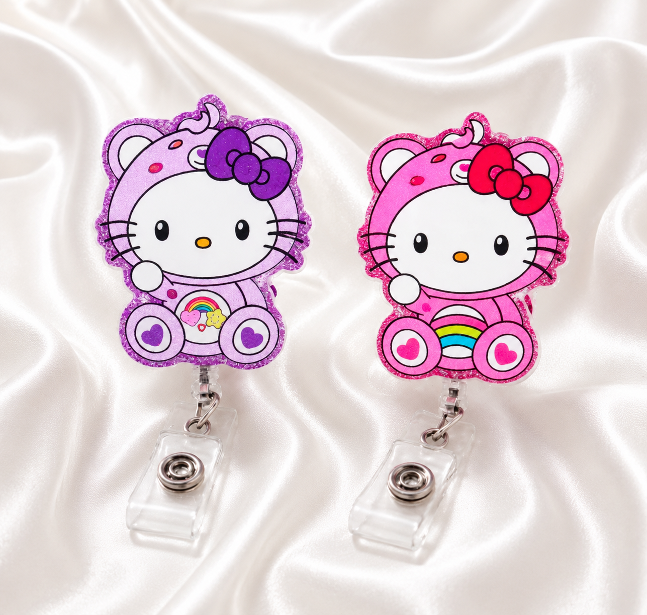 Rainbow Kitty Glitter Badge Reel – Pink & Purple Retractable ID Holder
