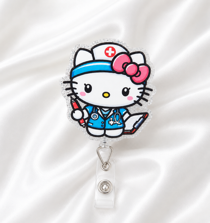 Cute Nurse Kitty Badge Reel | Glitter Medical Badge Holder | Kawaii Healthcare Accessory